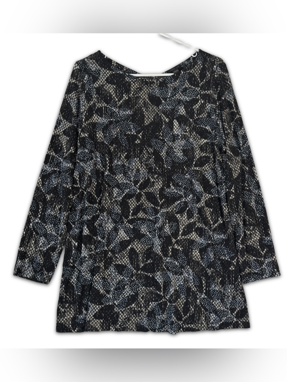 J Jill Wearever Top Womens PL Petite Large Black Blue Floral Long Sleeve Stretch
